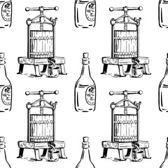Vector colorful seamless pattern with presses for squeezing and bottles. Perfect for surface textures, textile, pattern fills and more creative designs. Hand-drawn illustration in black and white.