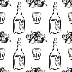 Vector seamless pattern with apples on a branch and bottles with glasses. Perfect for surface textures, textile, pattern fills and more creative designs. Hand-drawn illustration in black and white.