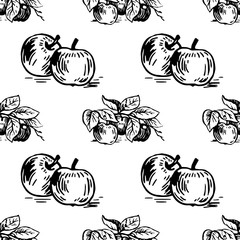 Vector colorful seamless pattern with apples on a branch. Perfect for apple cider, juice, wallpapers, surface textures, wrapping paper and more creative designs. Hand-drawn illustration.