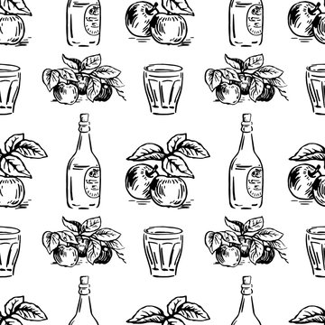 Vector seamless pattern with apples on a branch and bottles with glasses. Perfect for surface textures, textile, pattern fills and more creative designs. Hand-drawn illustration in black and white.