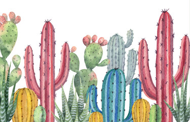 Watercolor vector banner of cacti and succulent plants isolated on white background.