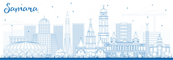 Fototapeta premium Outline Samara Russia City Skyline with Blue Buildings.