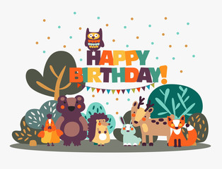 Happy birthday - lovely vector card with funny cute animals and garlands