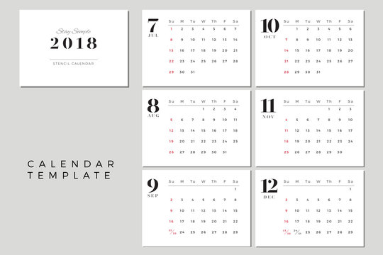 2018 Vector Calendar Template July to December, 2018 Simple Planner, New Year Schedule Calendar, Minimal Stationery, Yearly Calendar