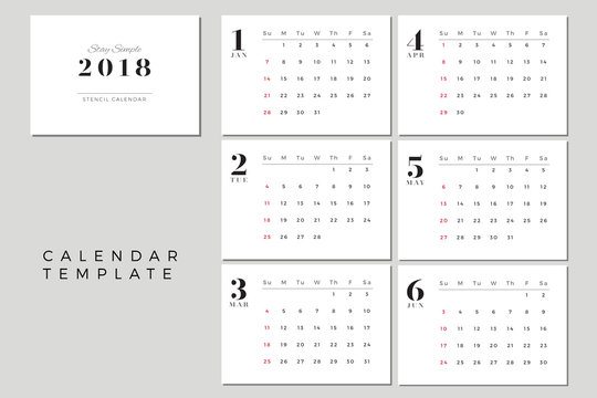 2018 Vector Calendar Template January to June, 2018 Simple Planner, New Year Schedule Calendar, Minimal Stationery, Yearly Calendar