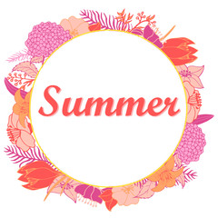 Obraz premium Summer illustration with bright flowers in a round on a white background.