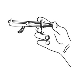 metaphor hand using syringe with the gun at the tip to shoot disease in body vector illustration sketch hand drawn with black lines, isolated on white background. Education Medical concept.