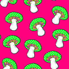 Crazy acid mushrooms seamless pattern.