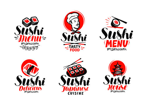 Sashimi, sushi, logo or label set. Japanese cuisine, healthy food typography. Lettering vector illustration