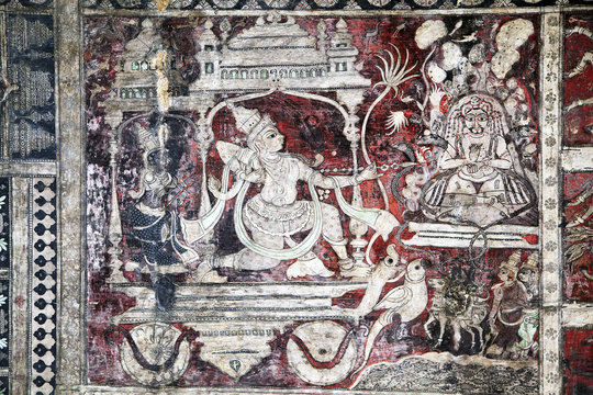 Virupaksha Vishnu Temple, Vijayanagar,Karnataka, India. Ceiling paintings with scenes from Hindu mythology, editorial.