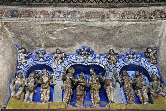 Virupaksha Vishnu Temple, Vijayanagar,Karnataka, India. Ceiling paintings with scenes from Hindu mythology, editorial.