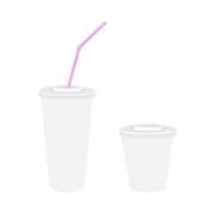 two white cups with lid and straw for drinking. High and small. isolated on white background. For coffee, tea, Cola, cocktails, soda or cold beverage. Vector illustration. mockup. Realistic. 3D.