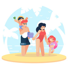 Obraz premium Happy family at the beach. Family having fun at the beach. Traveling. Together Trip. Mom, Dad, Son and Daughter on Vacation. Flat Design Style. Vector illustration of Ocean Travel Peoples