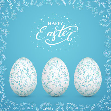 Easter eggs with decorative floral elements on blue background