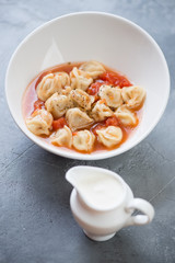 Soup with pelmeni or russian meat dumplings served in a white bowl with a jar of sour cream, grey concrete background, studio shot