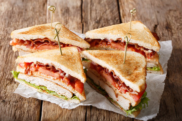 Traditional freshly prepared club sandwiches with turkey, bacon, tomatoes and lettuce close-up....