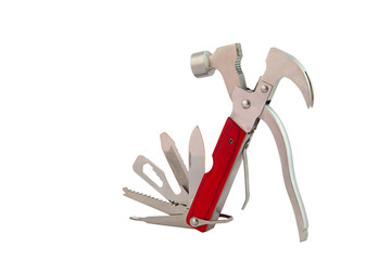 Used multi hammer tool isolated on white background (hammer,screwdriver,pliers,bottle opener,nail file)