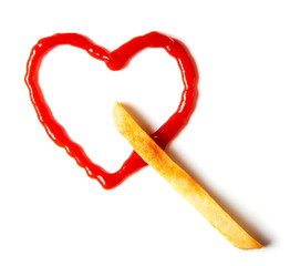 I love potatoes with ketchup. French fries and heart drawn ketchup isolated on white background