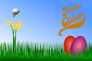 Frohe Ostern, Biene mit Narzissen und Ostereier im Gras