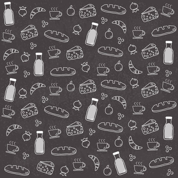 Set of food and drinks doodle on chalkboard background. Stock vector. Flat design. Vector illustration EPS10.