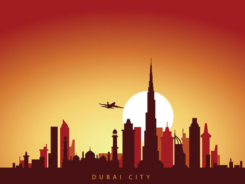 vector background design city skyline of dubai uni arab emirates with airplane flying above the city and sun rise