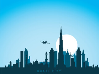 vector background design city skyline of dubai uni arab emirates with airplane flying above the city and sun rise