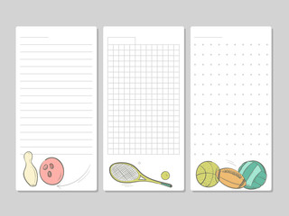 Pages for notes, memo or to do lists with doodle sport equipment