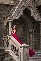 A beautiful woman, a queen in a red dress, stands on the background of a medieval, Gothic door on the stairs with an arch, silver caron with crystals. The Princess at the Castle