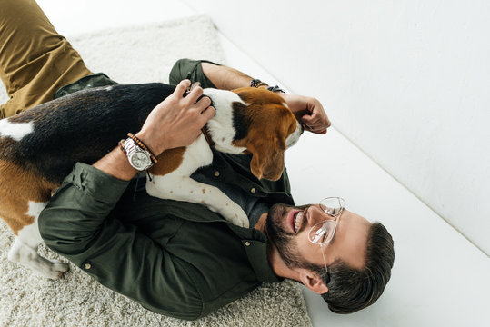 high angle view of smiling man lying on carpet and playing with dog