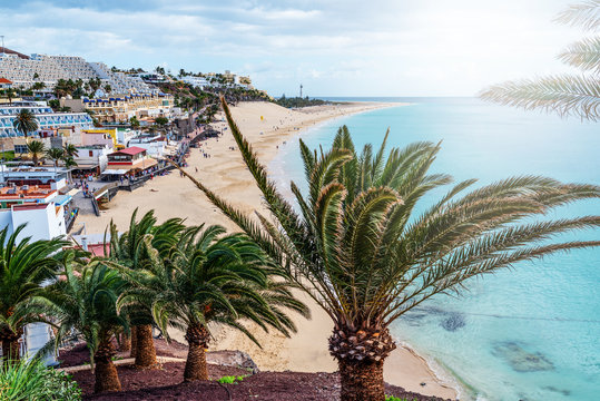high angle view over town of Morro Jable on Fuerteventura island with beach and ocean