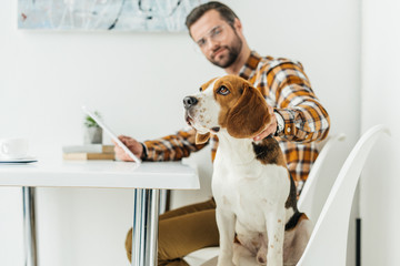 businessman with tablet palming dog in office