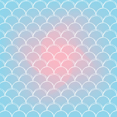 Mermaid scale on trendy gradient background. Square backdrop with mermaid scale ornament. Bright color transitions. Fish tail banner and invitation. Underwater and sea pattern. Blue, rose, pink colors