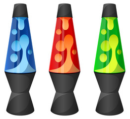 Vector illustration of a lava lamp in three different colors.