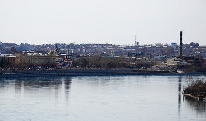 Fototapeta premium Irkutsk City streets and Angara river. Top view from the bell tower of Znamensky nunnery church