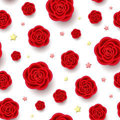 Fototapeta premium Red realistic flowers and golden stars seamless pattern. 3d roses on white background. Beautiful repeatable backdrop.