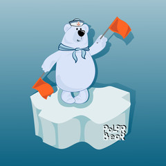 Semaphore alphabet and bear sailor with semaphore flags. Emblem, poster with a polar bear. Design for printing on fabric or paper. Illustration for children's book in cartoon style.
