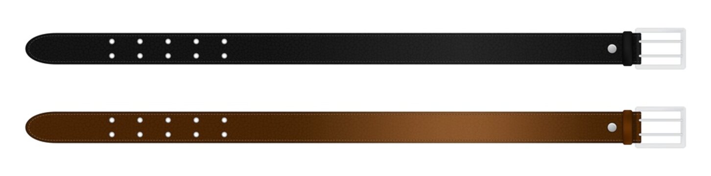 Realistic black and brown leather belt with metallic buckle. Isolated vector illustration.