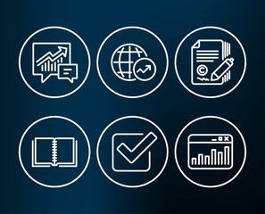 Set of Checkbox, Book and Copywriting icons. Accounting, World statistics and Marketing statistics signs. Approved tick, E-learning course, Ð¡opyright signature. Vector