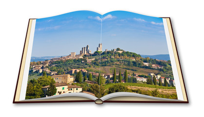 Beautiful view of the medieval town of San Gimignano (Italy - Tuscany) - 3D render of an opened photo book isolated on white background - I'm the copyright owner of the images used in this 3D render