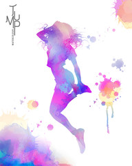 Fototapeta na wymiar Watercolor jump girl