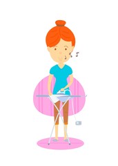 Woman are ironing, Mother are ironing, Housewife, The front of woman are ironing, Happy woman, cute vector cartooning style, colorful illustration, Woman are humming,Daily routine