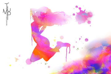 Fototapeta na wymiar Watercolor jump girl