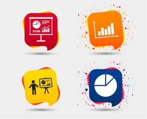 Diagram graph Pie chart icon. Presentation billboard symbol. Supply and demand. Man standing with pointer. Speech bubbles or chat symbols. Colored elements. Vector