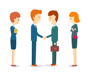 Obraz premium Two happy businessmen shaking hand to sign agreement, Success dealing, finish up a meeting, Two businessmen greeting, Businessmen talking about business, Two businessmen and Two secretary women