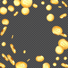 3d realistic falling golden metallic bitcoins, cryptocurrency sign. Isolated on transparent background. Vector illustration.