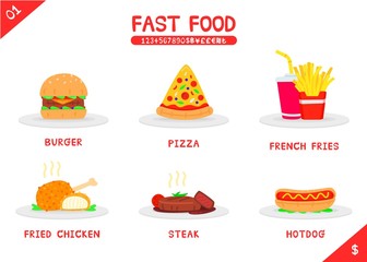 Set of fast food menu burger pizza french fries fried chicken steak and hot dog, Flat vector isolated icon on white background, Name number and money symbols, Colorful cartooning style, stylized icon