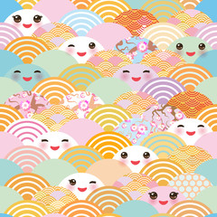 seamless pattern Kawaii with pink cheeks and winking eyes simple Nature background with japanese sakura flower, rosy pink Cherry, wave circle pattern blue pink orange pastel colors. Vector