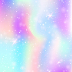 Unicorn background with rainbow mesh. Multicolor universe banner in princess colors. Fantasy gradient backdrop with hologram.  Holographic unicorn background with magic sparkles, stars and blurs.