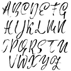 Handdrawn dry brush font. Modern brush lettering. Grunge style alphabet. Vector illustration.