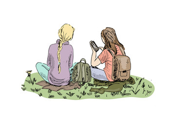 Two girls with backpacks and smartphones sitting on the grass. Sketch, hand drawn.